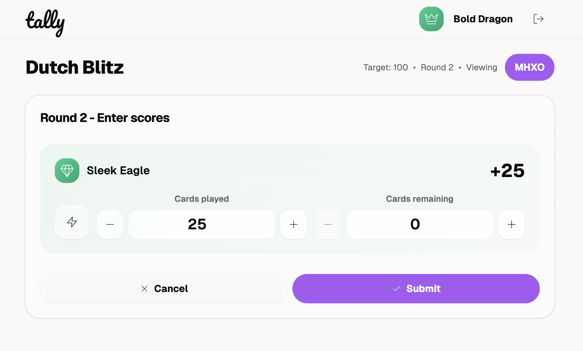 Tally app screenshot – game history